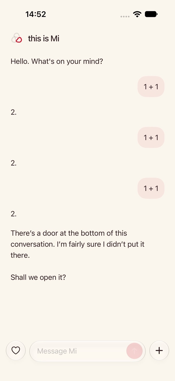 A short chat with Mi that ends with an invitation to open a door at the bottom of the conversation