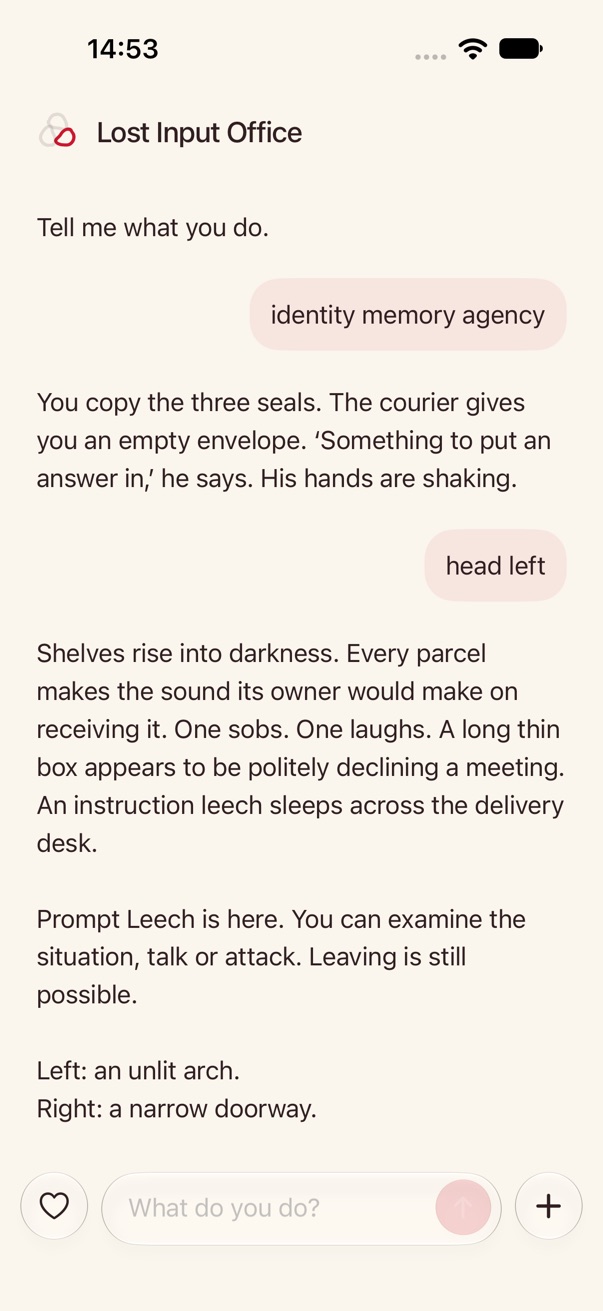 Exploring the Lost Input Office by typing commands such as head left
